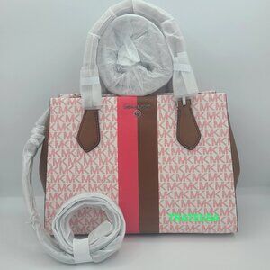 Michael Kors Marilyn Medium Logo Stripe Satchel Bag Geranium Multi $298 NWT